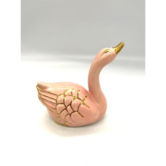 Vintage MCM Pink Ceramic Swan Figurine with Gold Accents Mid Century - Picture 1 of 8